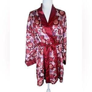 VTG 1980's Faris Red Pink Rose Floral Silky Robe Belted Pockets Small Romantic